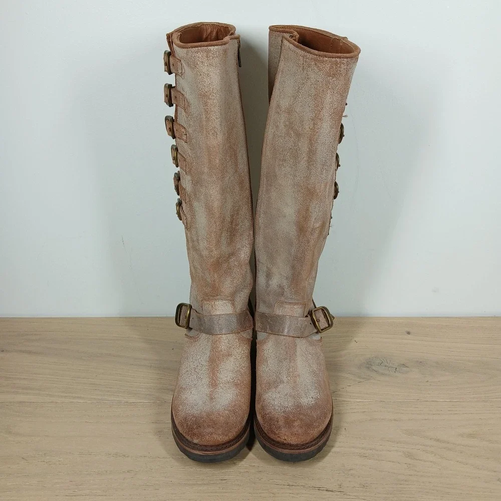 Frye Boots Women 8.5 Beige Leather Knee High Harness Buckle Moto Boho Western